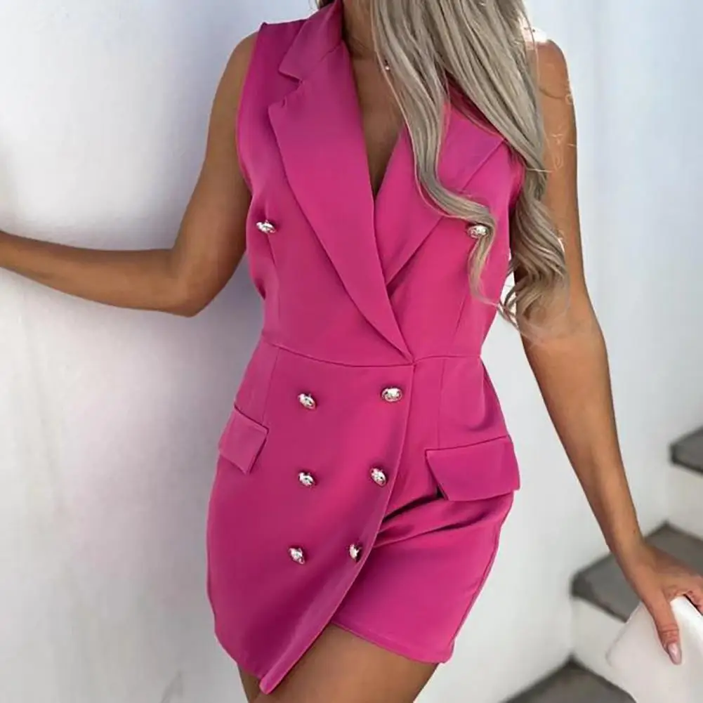 

2022 Office Lady Blazer Jumpsuit Lapel Sleeveless Elastic Waist Formal Romper Double Breasted Decorative Pockets Summer Playsuit