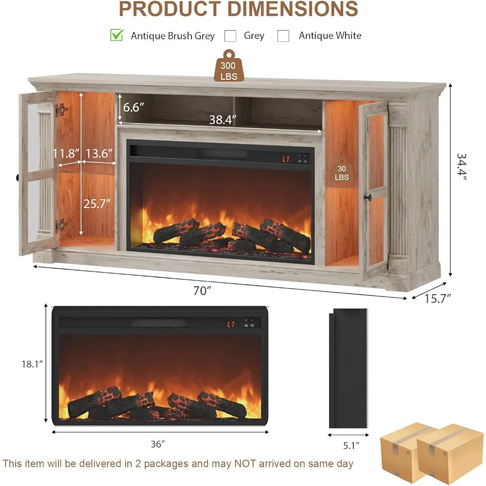 Soporte para TV con chimenea de granja de hasta 80 televisores, 70 centros de entretenimiento modernos con 36 chimenea eléctrica y luces LED, medios