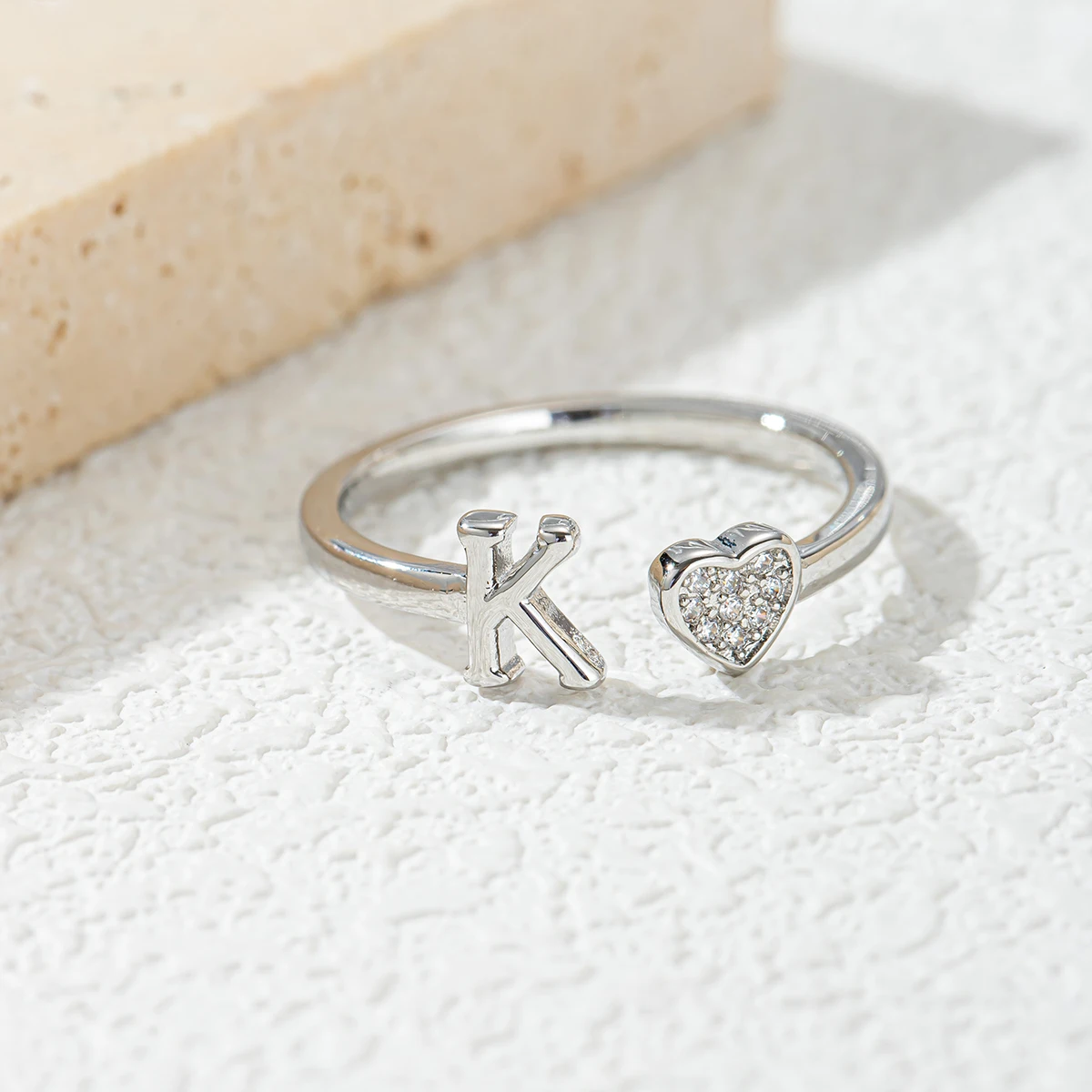 Silver Plated A-Z Initial Letter Ring, Cubic Zirconia Heart Open Adjustable Ring, Daily Wear Jewelry Gift for Women