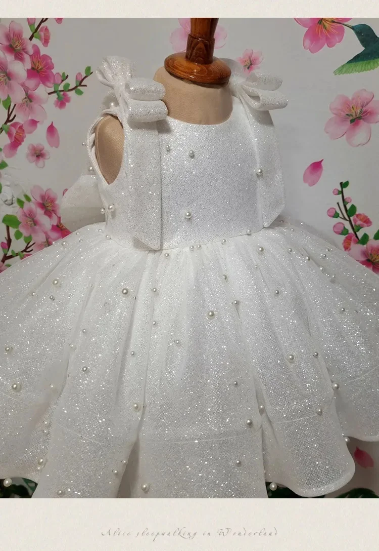 Customized Ivory Flower Girl Dress For Wedding Tulle Glitter Pearls Sleeves Kids Birthday Pageant First Communion Banquet Gown