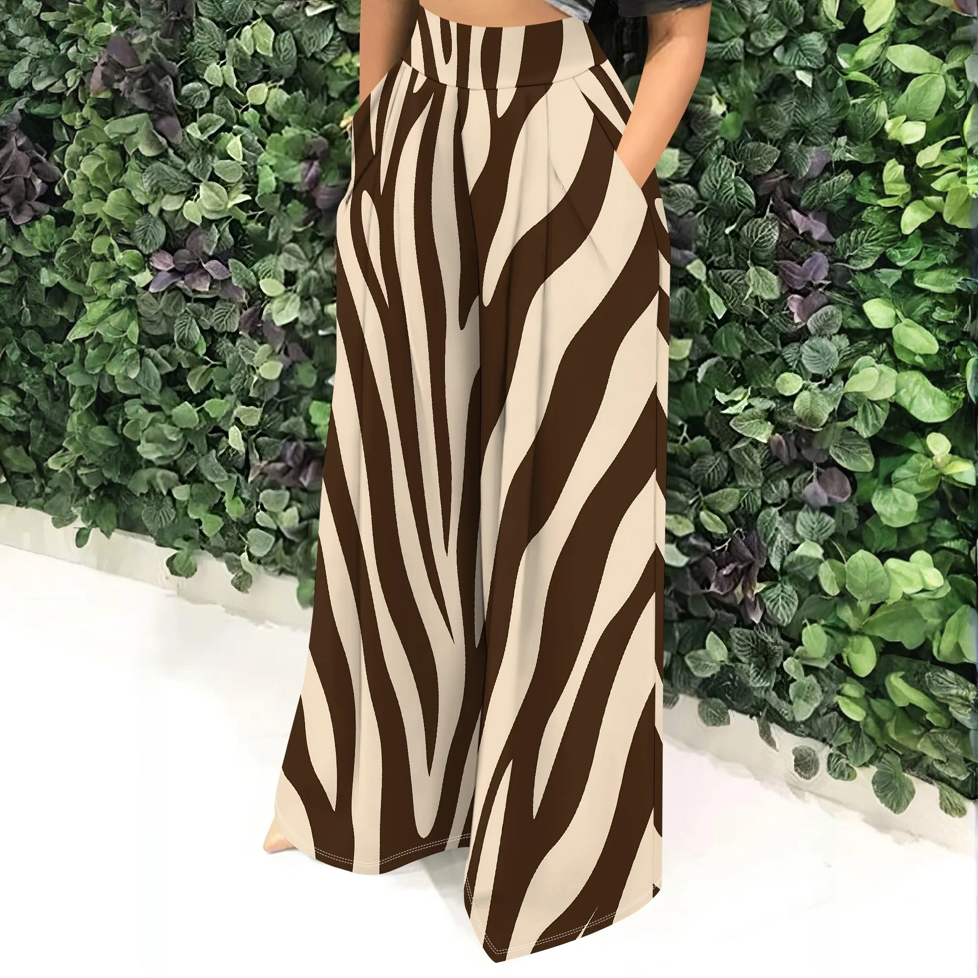High Waist, Zebra Print Wide Leg Pants, Brown Striped Trousers, Casual Loose Fit with Pockets, for Women Daily Wear, S-2XL
