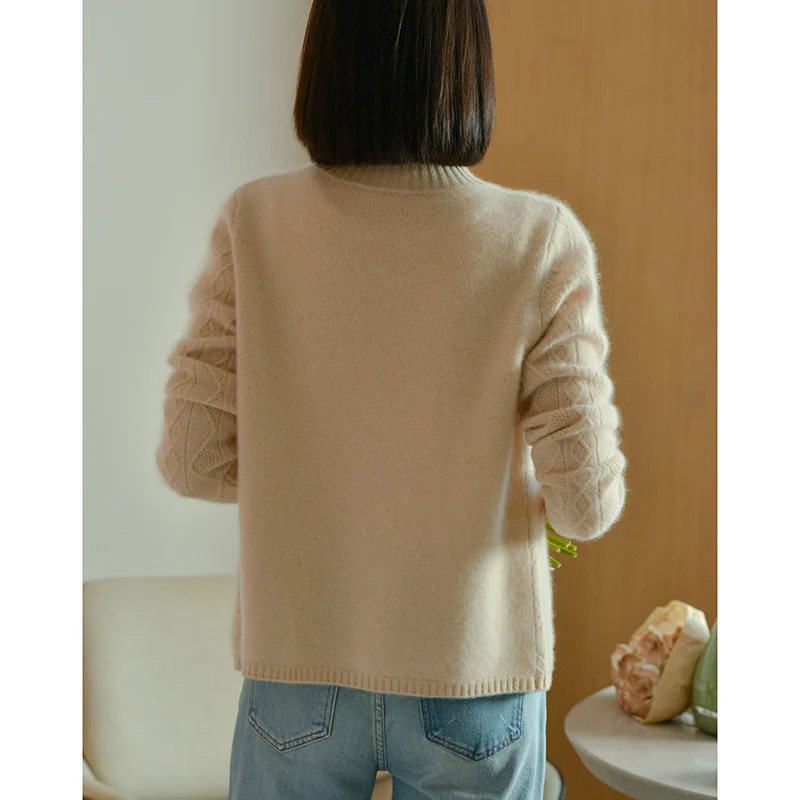 DjzDsm Autumn/Winter New 100% Wool Women's High Quality Thick Knitted Cardigan Solid Color Stand up Collar Simple Design Sweater