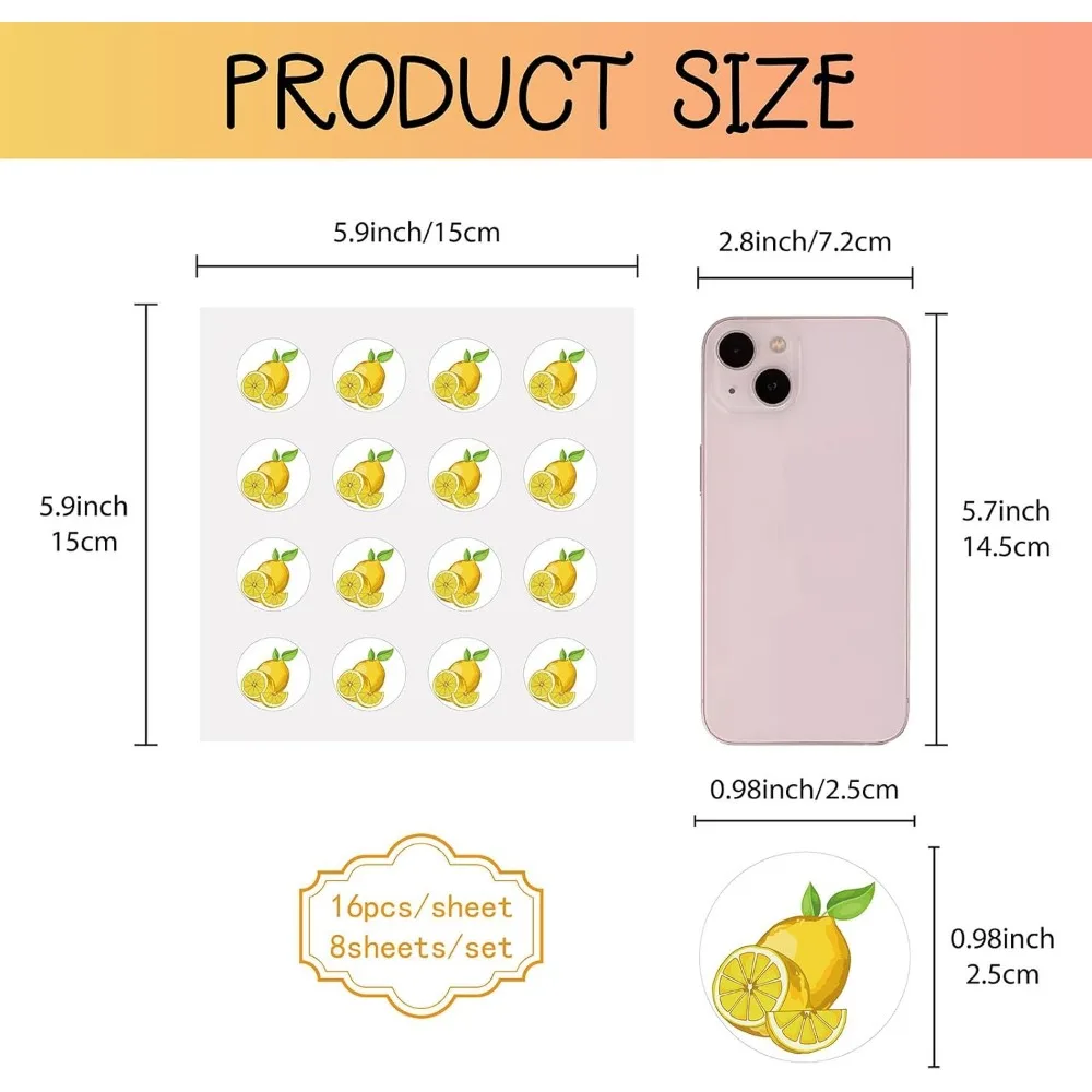 128Pcs Lemon Planner Stickers Fruit Vinyl Decal Self-Adhesive Waterproof Sticker Round Bulk Yellow Stickers for Water Bottles