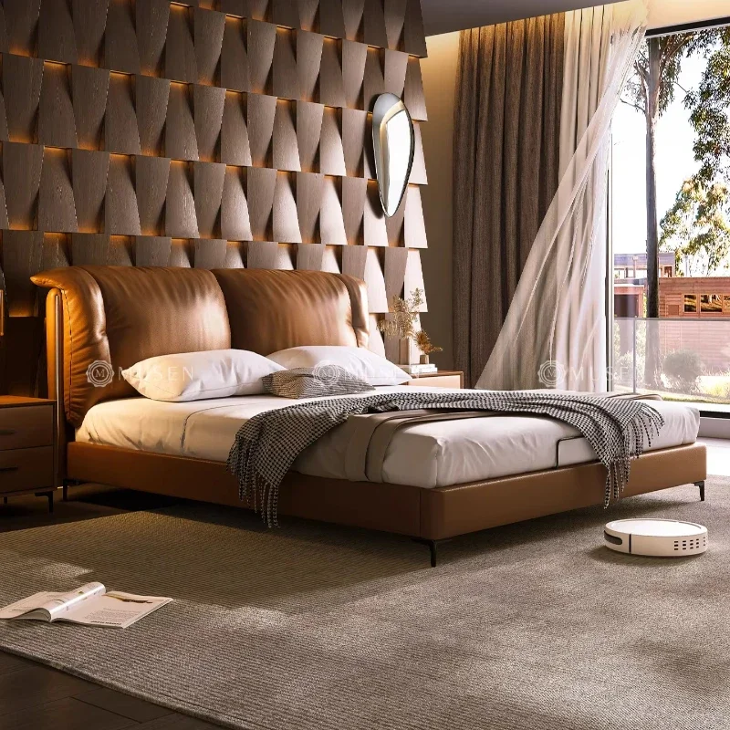 180x200cm King Size Genuine Leather Full Size Bed Frame Italian Style Luxury Bed 2 People Letto Matrimoniale Bedroom Furniture