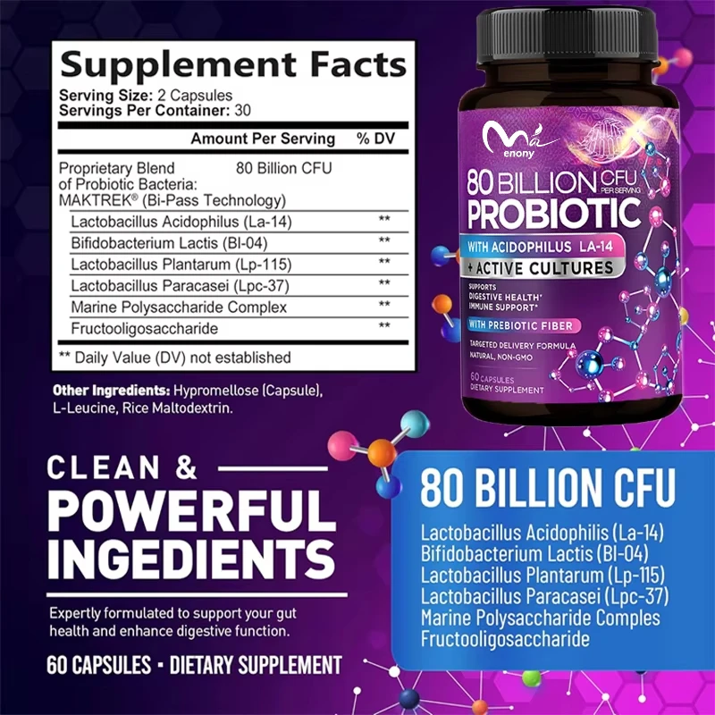 80 billion CFU probiotic Lactobacillus acidophilus, Bifidobacterium, and Probiotics Non GMO, gluten and dairy free, 60 capsules