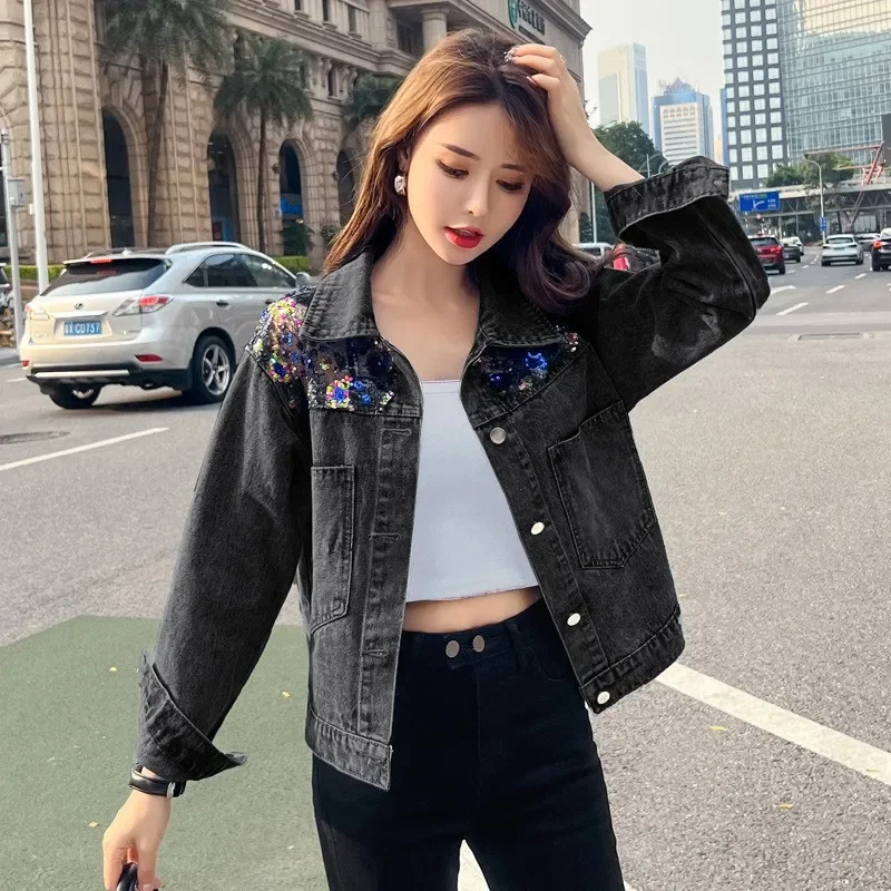 

Autumn Harajuku Vintage Hollow Sequin Net Gauze Splicing Women Short Denim Coat Casual Big Pocket Lapel Long Sleeve Jeans Jacket