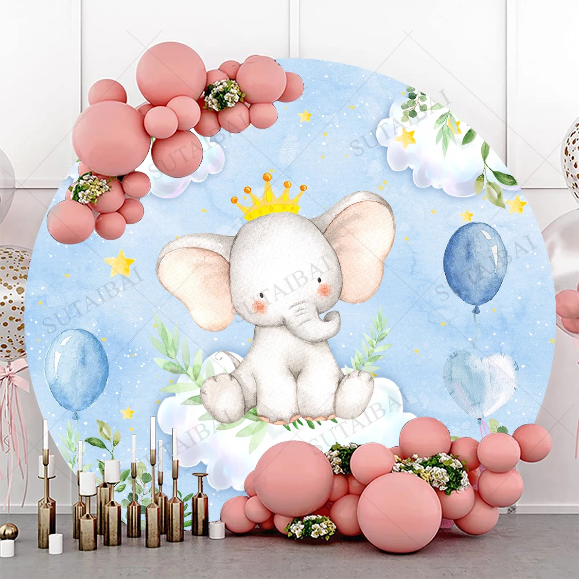 Cute Elephant Blue Theme Background of Photography Cloud Green Plant Balloons Deco Room Newborn Creative Photo Studio Photophone