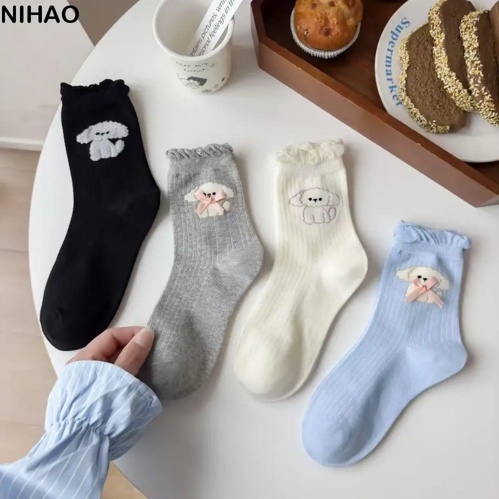 

4Pairs Sweet Cartoon Dog Bowknot Ruffle Socks Kawaii Hosiery Sweet Tube Socks Anti-slip Ballet Style Mid-calf Socks Women Girl
