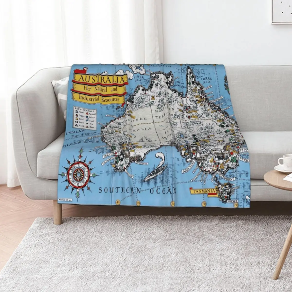 

Pictorial Map Print of Australia, her natural and industrial resources by MacDonald Gill (1942) Throw Blanket