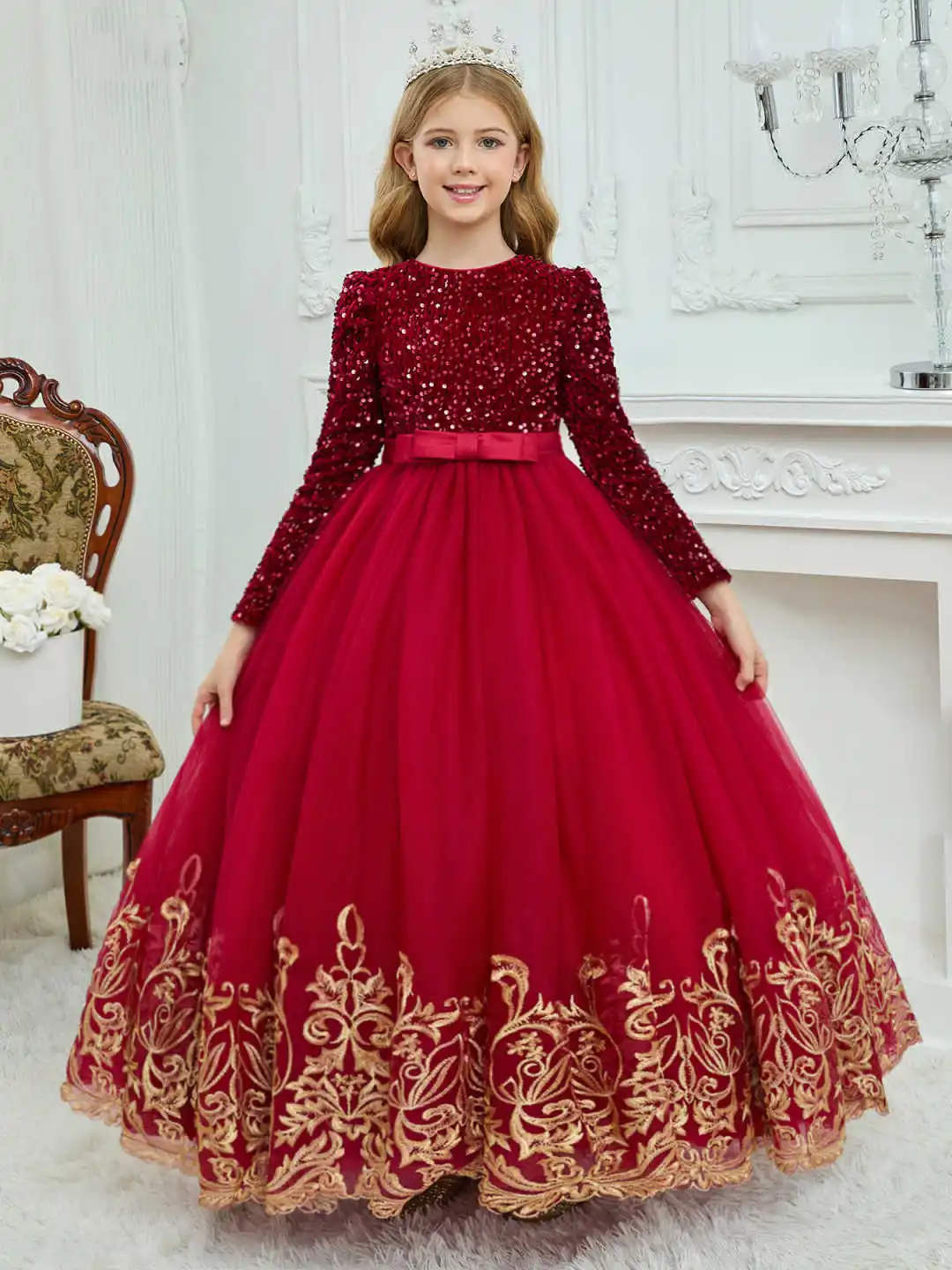 

Girls' Autumn and Winter Gorgeous Heavy Sequin Lace Mesh Princess Dress Christmas Dress Birthday Party Long Dress Piano Performance Dress Bow Princess Evening Dress