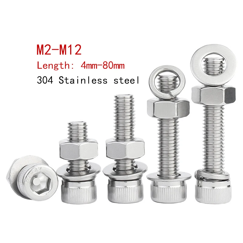 

304 Stainless Steel Hexagonal Socket Head Bolt Nut Kit, With Flat Washer and Spring Washer, Fastener M2 M3 M4 M5 M6 M8 M10 M12