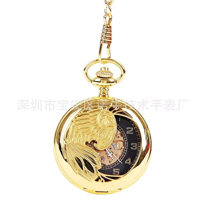 Large thick chain gold classical style pocket watch full gold half side hollow beautifully carved eagle mechanical pocket watch