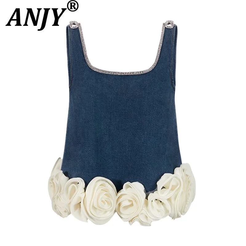 

ANJY Summer New Women High Street Y2K Vintage Denim Patchwork Three-dimensional Flower Vests Casual Stylish Wide Leg Pants A7954
