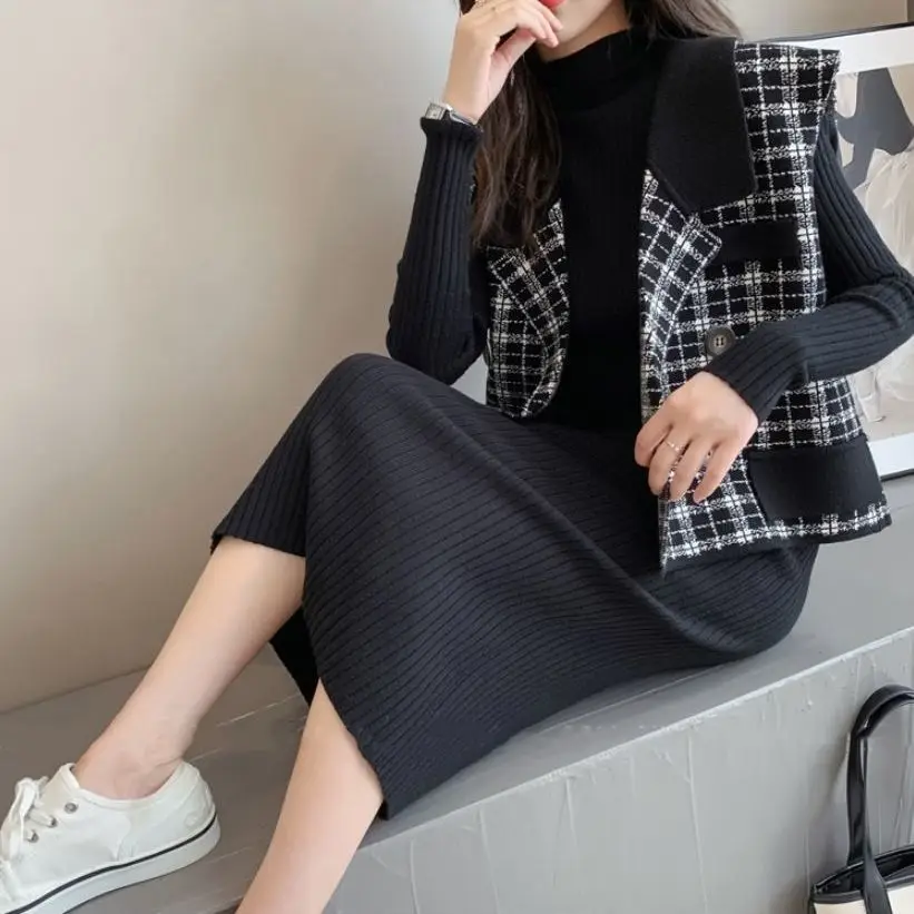 

Fashion Women Slim Sweater Skirt Two Pieces Set Loose Half High Collar Casual Autumn Femme Knitted Suit Vest V813