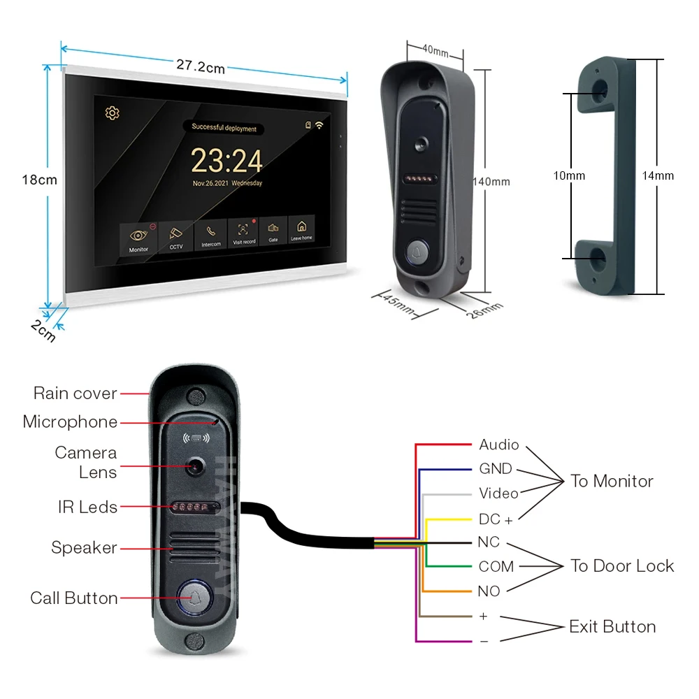 Tuya Wireless 10 inch color touch screen 1080P camera doorbell intercom kit, with mobile detection, ID access control unlocking,