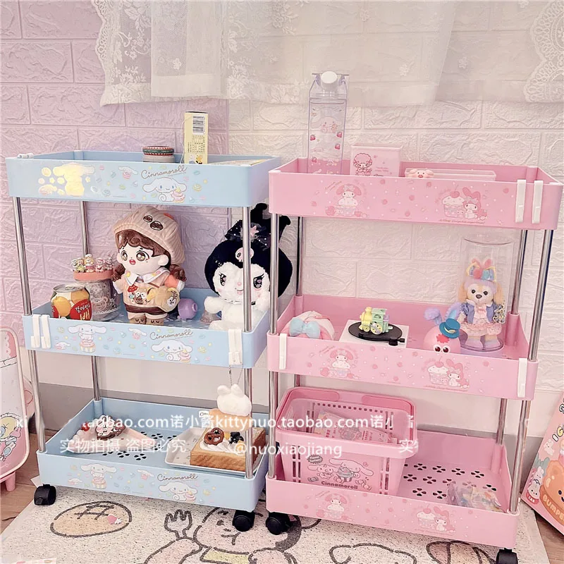 Kawaii Sanrio Three-Tier Wheeled Rack My Melody Cinnamoroll Anime Cartoon Girl Room Decor Floor Trolley Storage Rack Movable