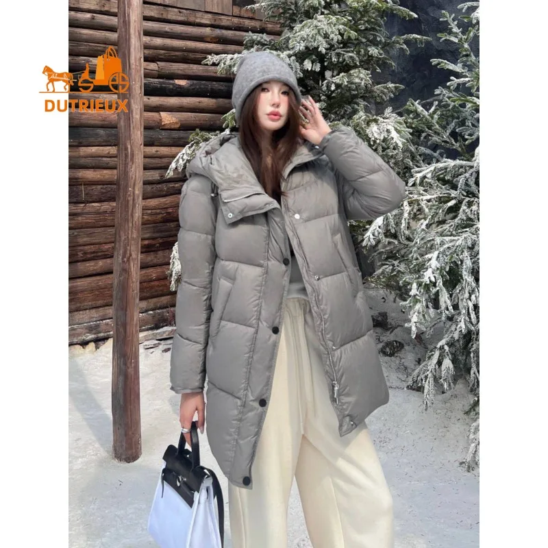 새로운 겨울 여성용 심플 다용도 라펠 후드 미디움 다운 재킷, 90% 화이트 구스 다운 충전, 캐주얼 따뜻하고 부드러운 코트