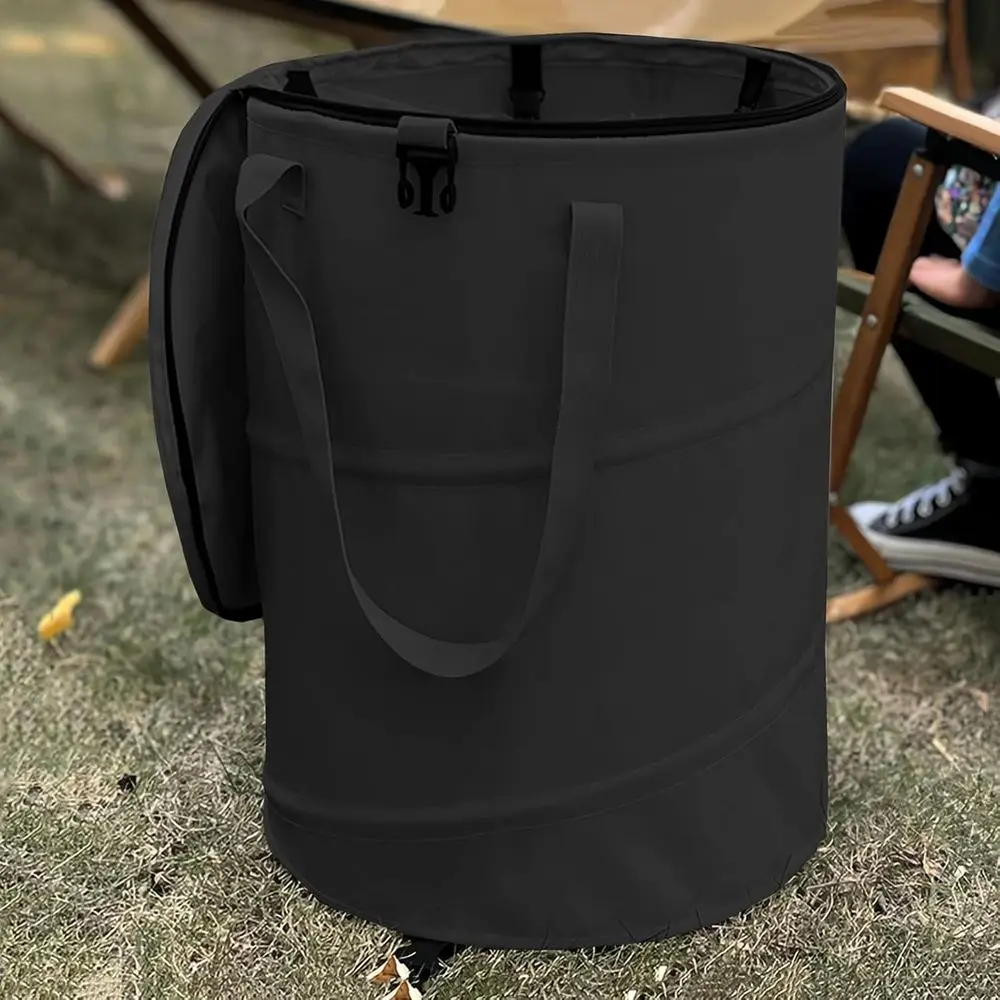 

Collapsible 24-Gallon Camping Trash Bin with Lid and Sorting Clips, Reusable Lawn Waste Bags in Black