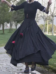 Cotton Linen Women Medieval Skirt Women Print Retro Eid Lace-up Skirt Maxi Long Skirt Spring Summer 2024