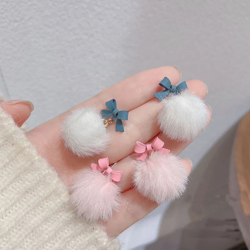 Cute Fluffy Ball Bow Pom Drop Dangle Earrings for Women Pink White Blue Stud Earring Fall Winter Kawaii Children's Jewelry