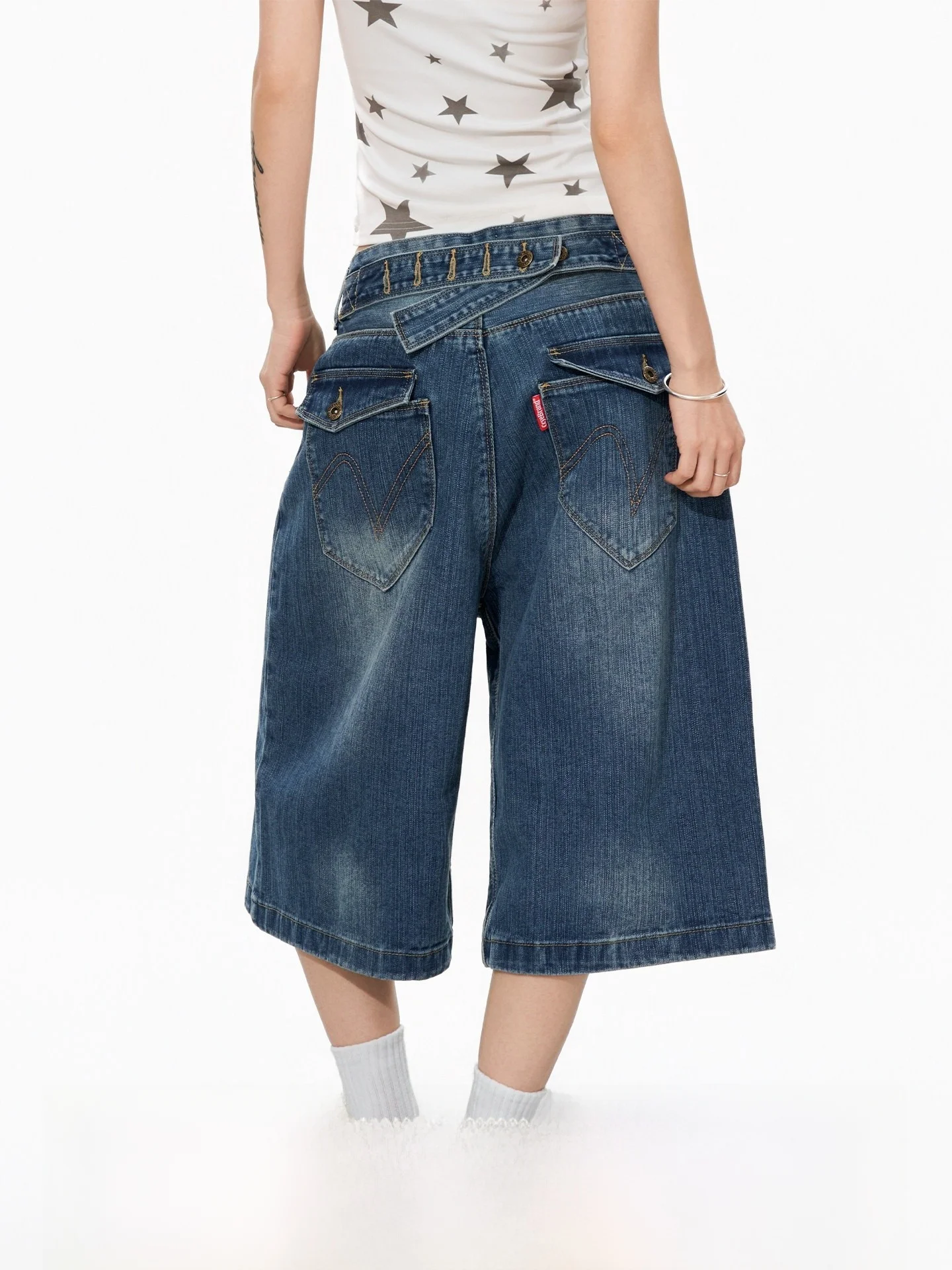 

S3T5 Bamboo Node Pattern Paris Buckle Seven-Foot Denim Jeans Men Women Summer New American Wash Design Oversize Knee-Length