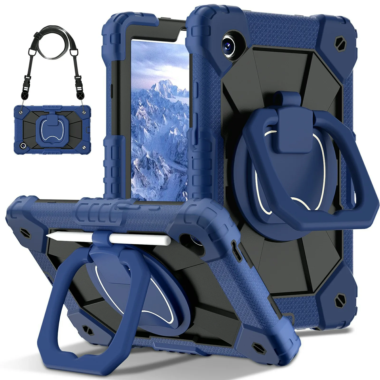 

For Samsung Galaxy Tab A11 Case Silicone + PC Hand Grip Kickstand Tablet Cover with Shoulder Strap - Navy Blue / Black