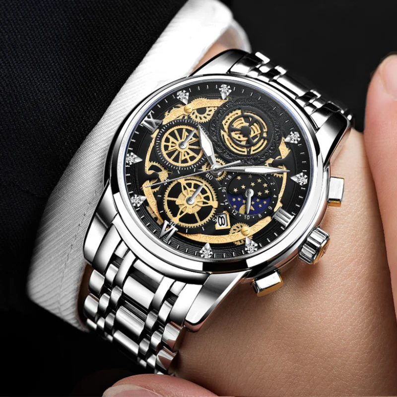 

Business Watch Men Skeleton Automatic Quartz Watch Silver Black Vintage Man Watchwrist Watches for Men Relogio Masculino