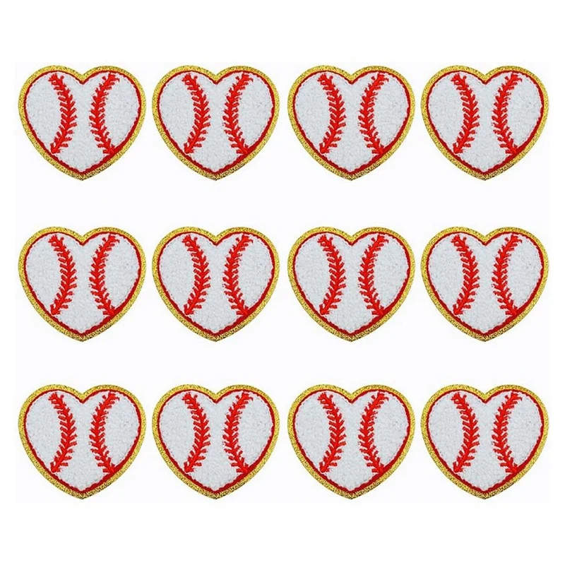 12 PCS Baseball Heart Patch Gold Edges Baseball Iron On Patches As Shown Acrylic Fiber For DIY Decorative Clothing