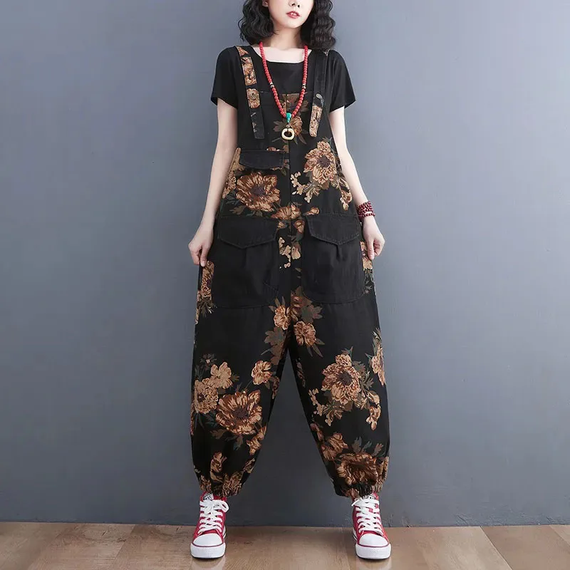 

Fashion Womens Nine Split Jeans Overalls Casual Female Print Jumpsuit Loose Spring Summer Bloomers Rompers Oversized Suspenders