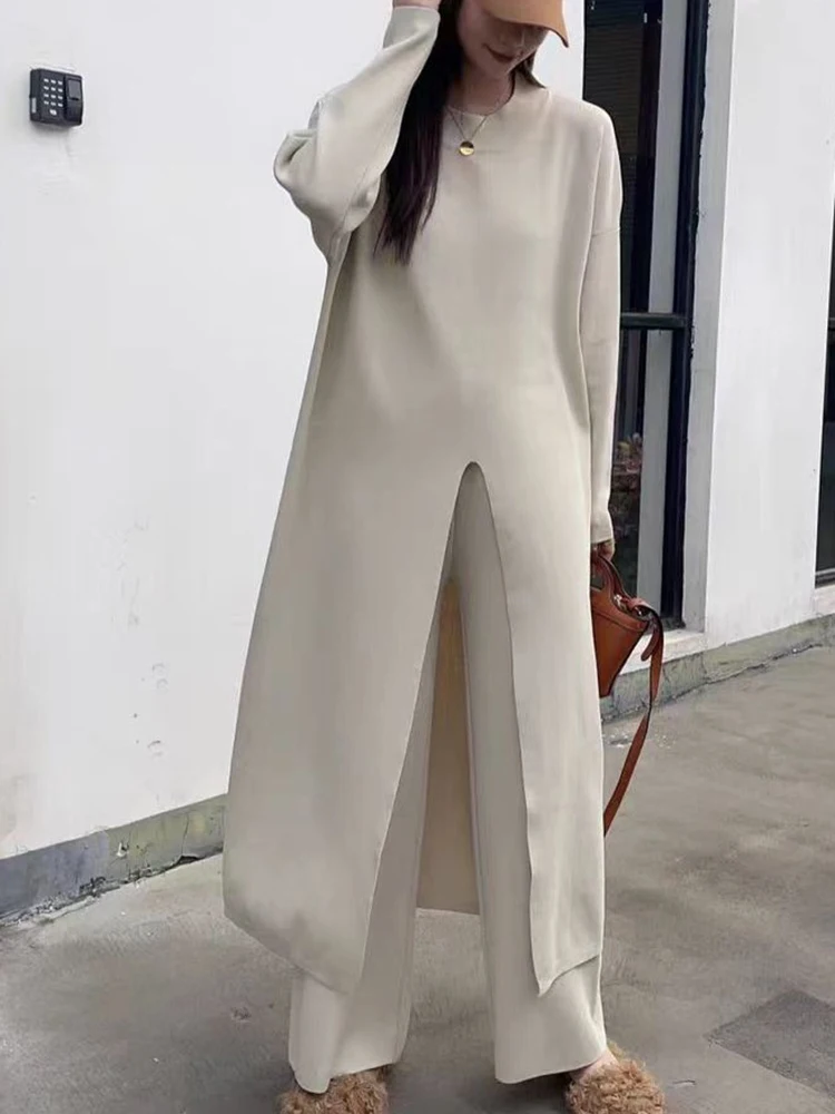 LANMREM 2 Pieces Knitted Sets Women Round Neck Long Sleeves Split Long Pullover With Wide Leg Trousers Autumn Winter 2DB1487