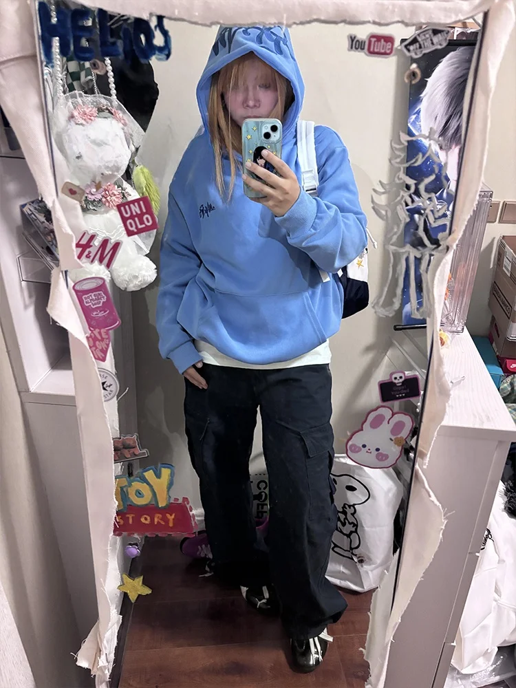 

Американская High Street Fce Lined Синяя толстовка с вышивкой букв Женская зимняя элитная свободная пара Модная верхняя одежда