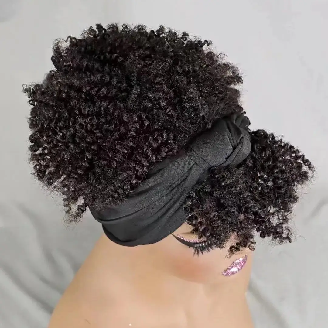 200% Density Natural Afro Kinky Curly Scarf Wig with Bangs Full Machine Made Headband Wig 100% Human Hair Wig for Black Women