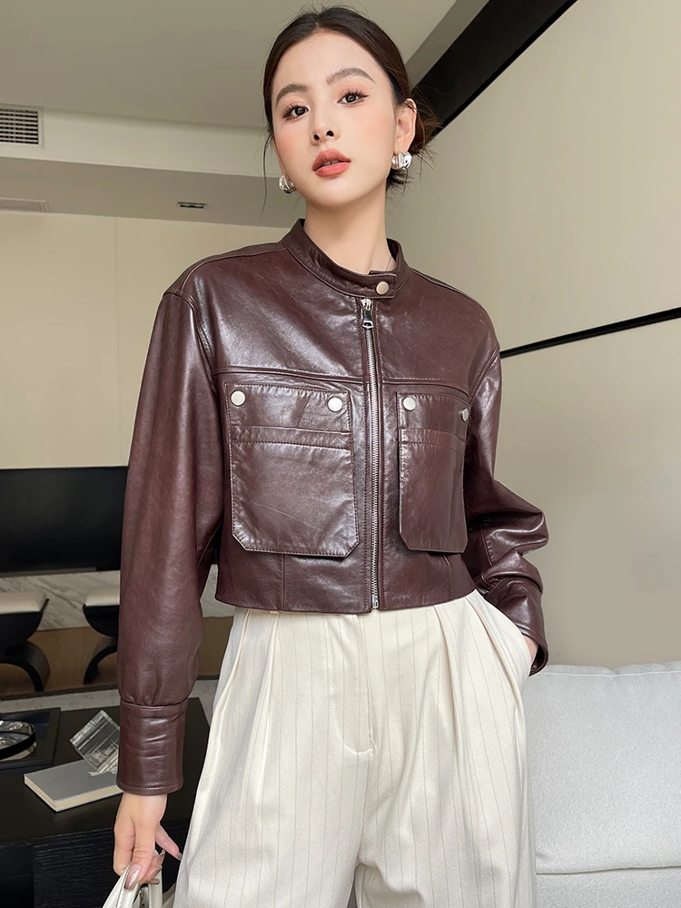 

Stand Collar Genuine Leather Motorcycle Jacket Women 2024 New Trend High-end Simple Solid Short Real Sheepskin Coat