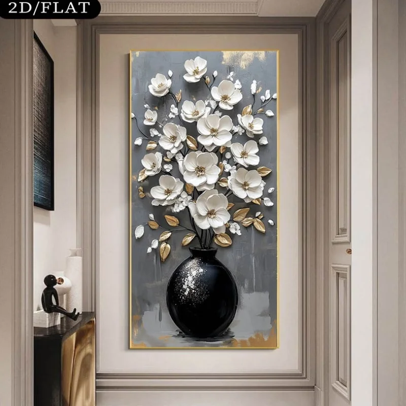 White Flowers in Black Vase Painting Posters Frameless Modern Canvas Prints Wall Art Pictures for Living Room Bedroom Home Decor