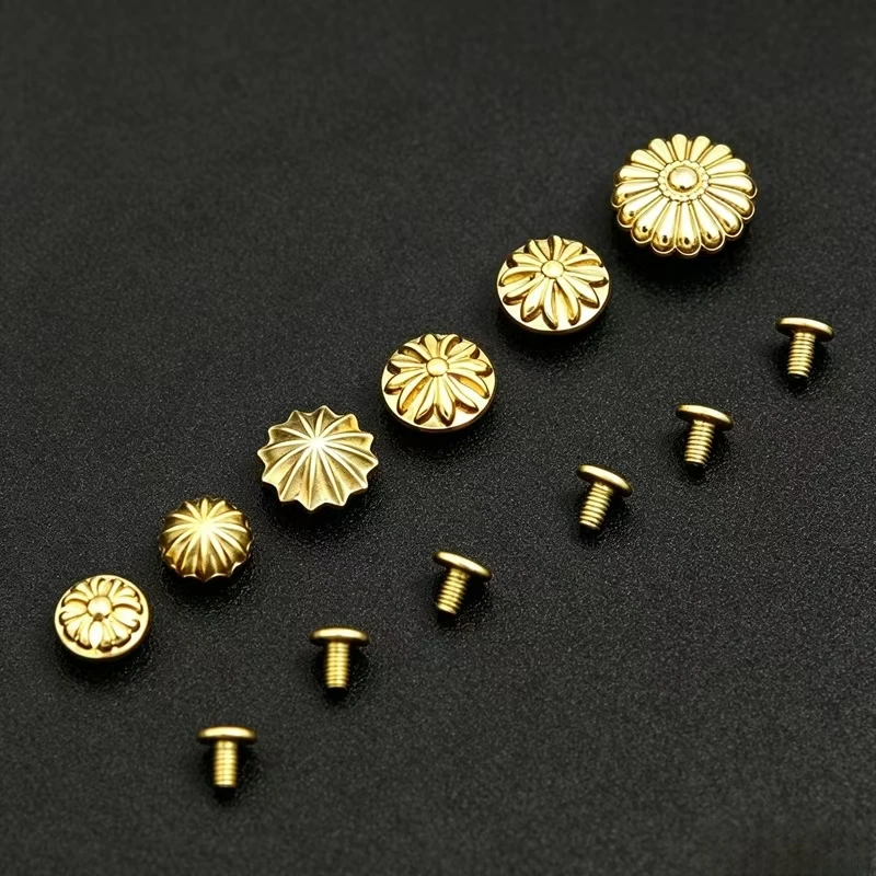 Solid Brass Flower Concho Screw Back Rivet 6‑Styles Retro Leather Craft Wallet Belt Bag Decoration DIY Hardware Ornament