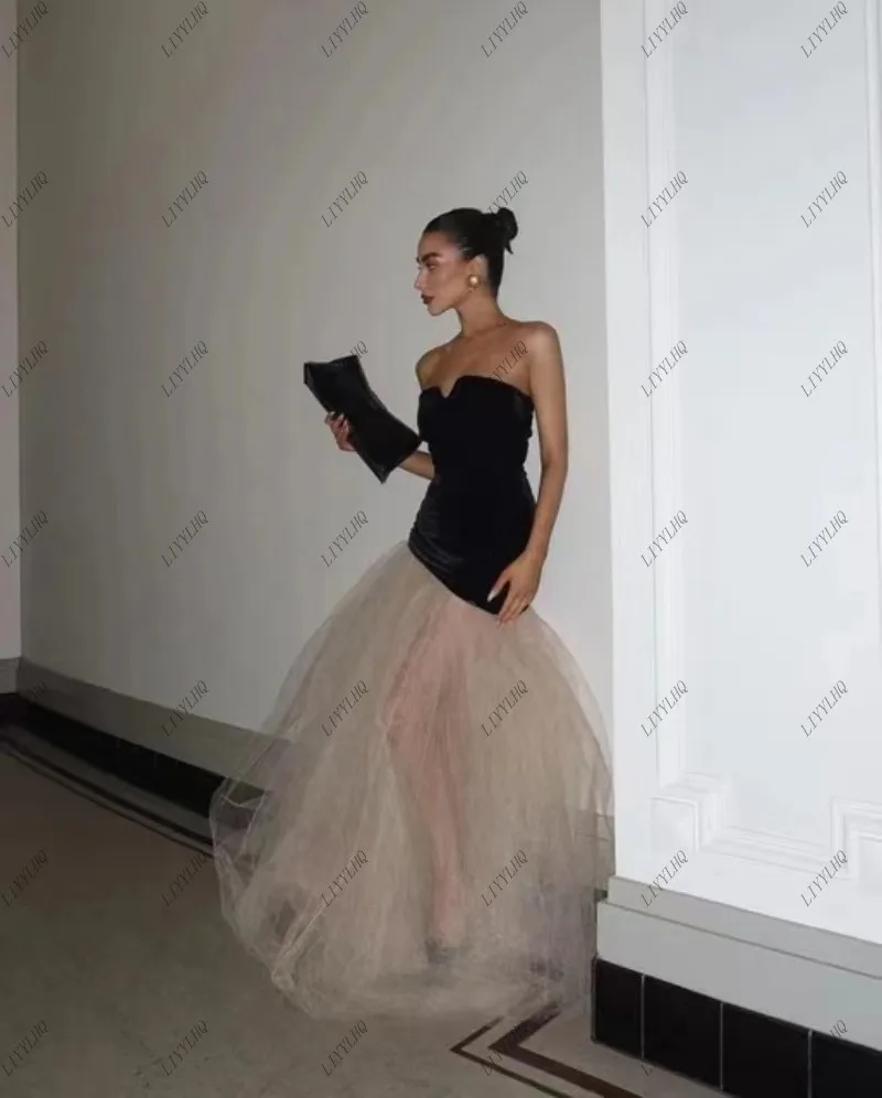 LIYYLHQ 글리터 무도회 드레스, 블랙 벨벳 샴페인 얇은 명주 그물, 섹시한 격식 있는 가운, 여성 저녁 식사, 원피스 민소매 갈라 드레스