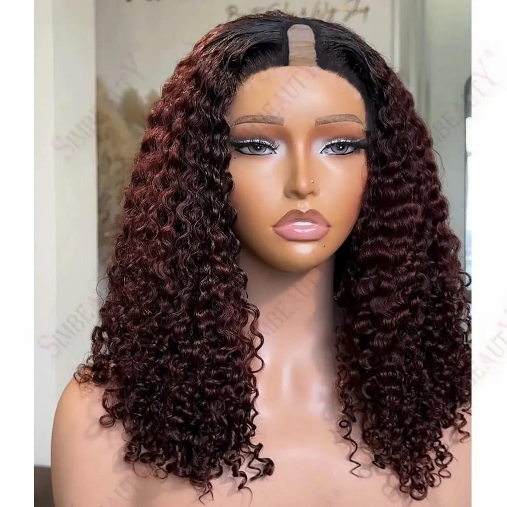 

Burgundy Red Kinky Curly 1x4 Size V Part Wig 100%Human Hair Cheap Machine Made for Black Women Soft Remy Indian Hair U Part Wigs