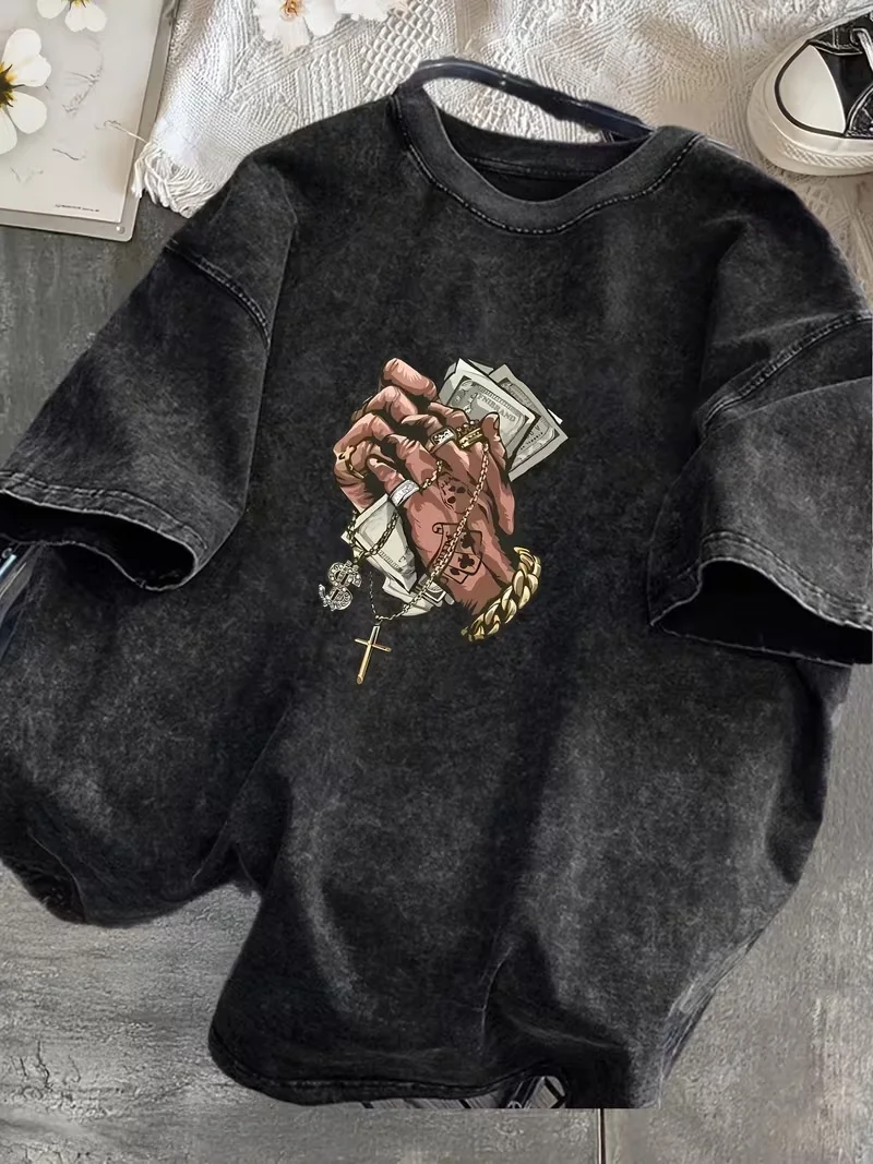 Men's T-shirt Vintage Washed Money Hand Graphic T-Shirt | Oversized Crew Neck Short Sleeve Tee | Hip Hop Streetwear Neutral Top