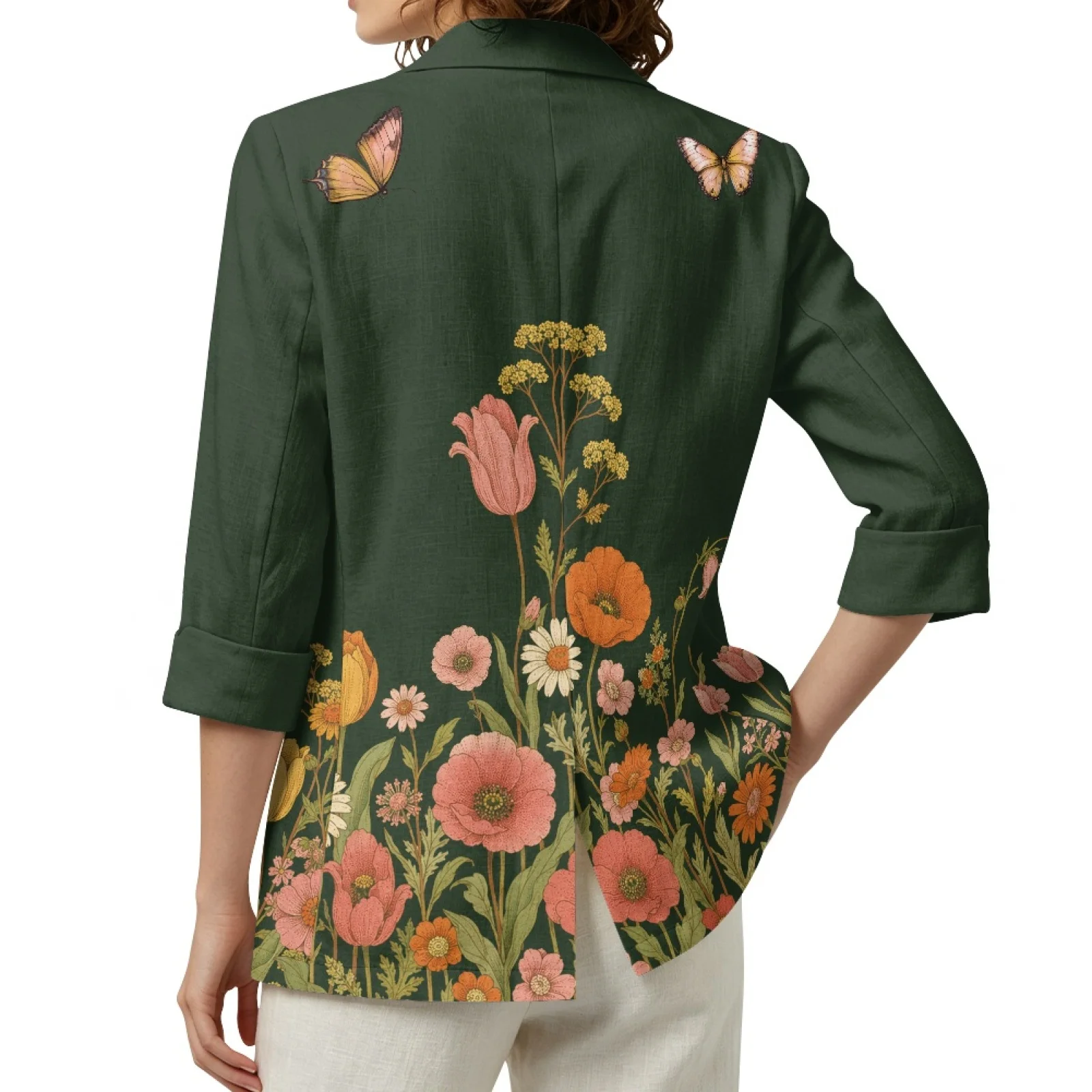 PENSTROLL Floral Butterfly Print Daily Shrug, Linen Style Open Front Layering Tank Jacket,  Outerwear S-3XL for Women Daily Wear