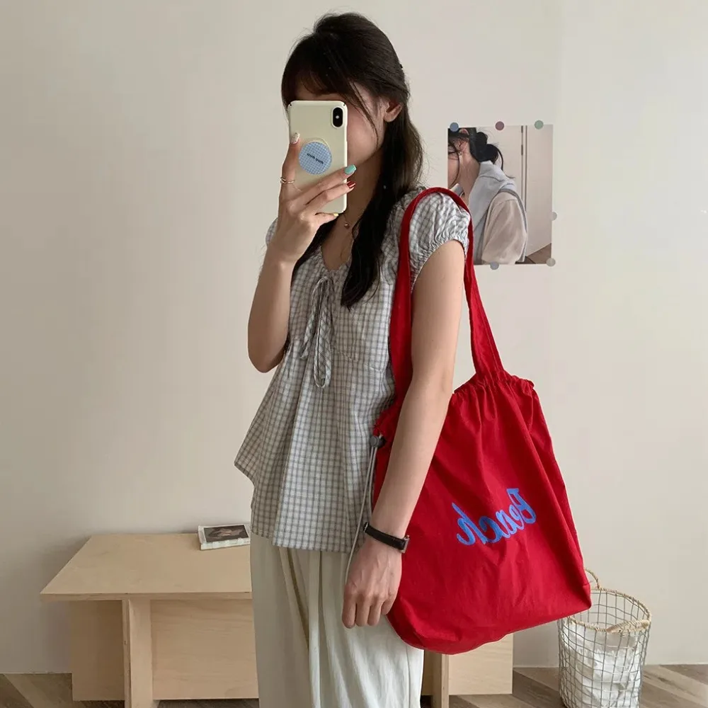 

Polyester Drawstring Tote Bag Elastic Rope Pleated Nylon Shoulder Bag Korean Style Large Capacity Letter Printed Handbag Work