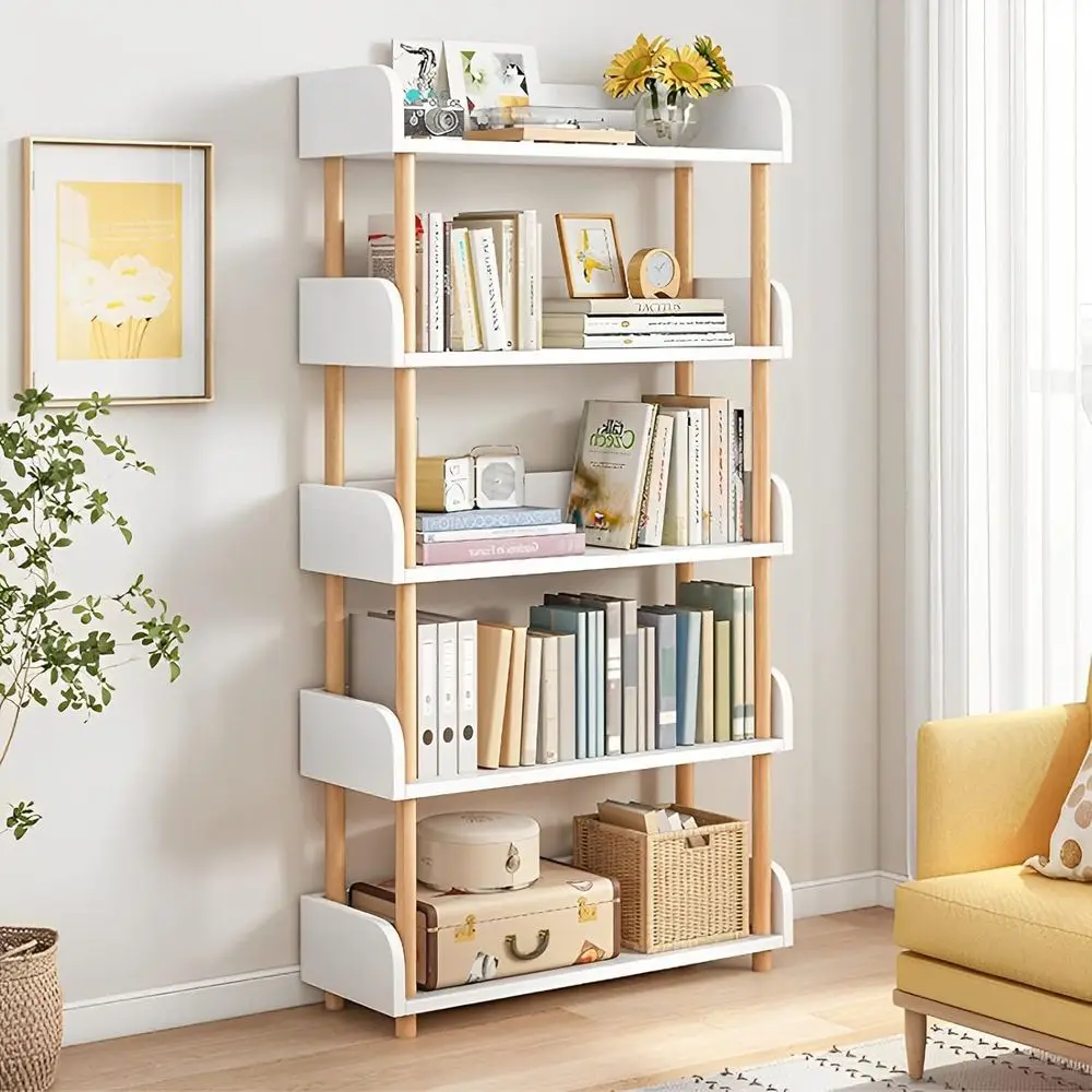 Librero Organizador Minimalista de Madera, Librero Blanco de 5 Niveles, Estantería Organizadora para Oficina, Sala de Estudio