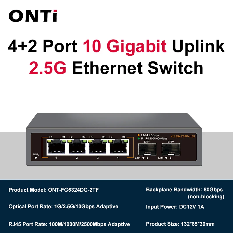 ONTi 2.5GbE Switch 2.5GBASE-T 4-poorts 2.5G RJ45 met 2 poorten 10G SFP+ Fanless Plug en Play netwerkswitch Desktop wandmontage