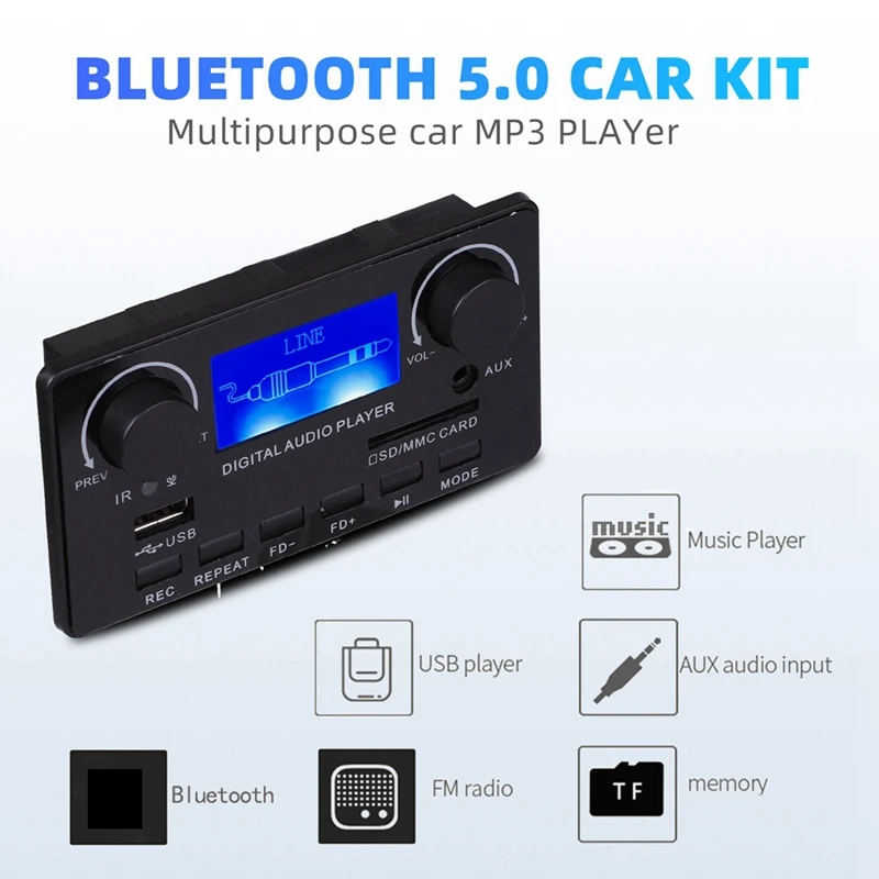 Placa decodificadora de MP3 con Bluetooth 5,0, compatible con grabación manos libres, FM, DC 12V, WMA, WAV, APE, FLAC, reproductor de Audio para coche