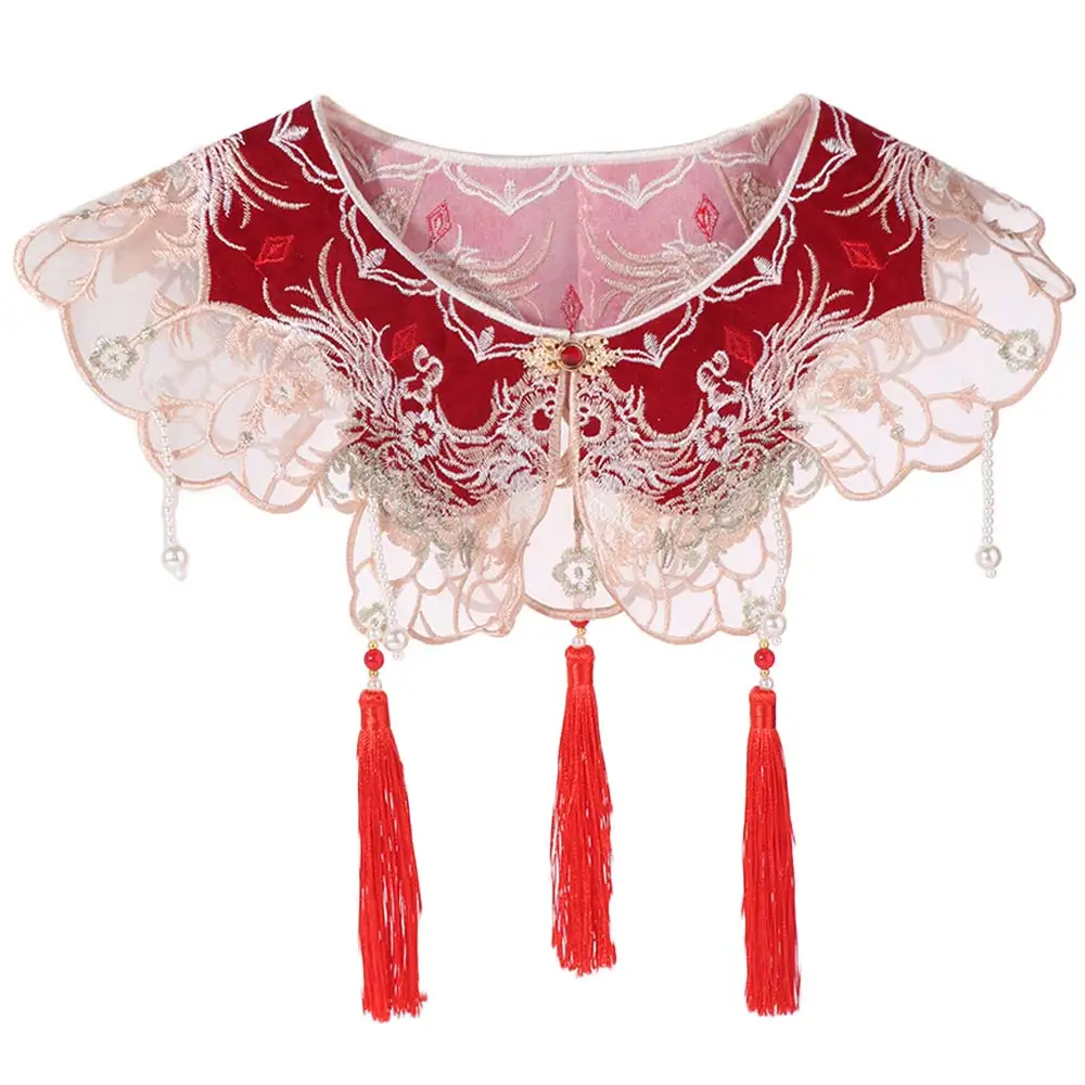 Chinese Style Hanfu Collar Embroidered Pearls Hanfu Shoulder Collar Detachable Tassels Cheongsam Shawl for Clothes Decoration