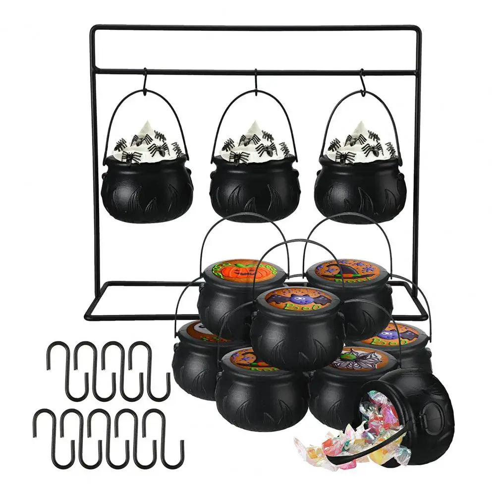 Fun Halloween Treats Display Halloween Candy Bowl Set with Iron Rack Witch Cauldron Treat Bowls Black Plastic for Halloween