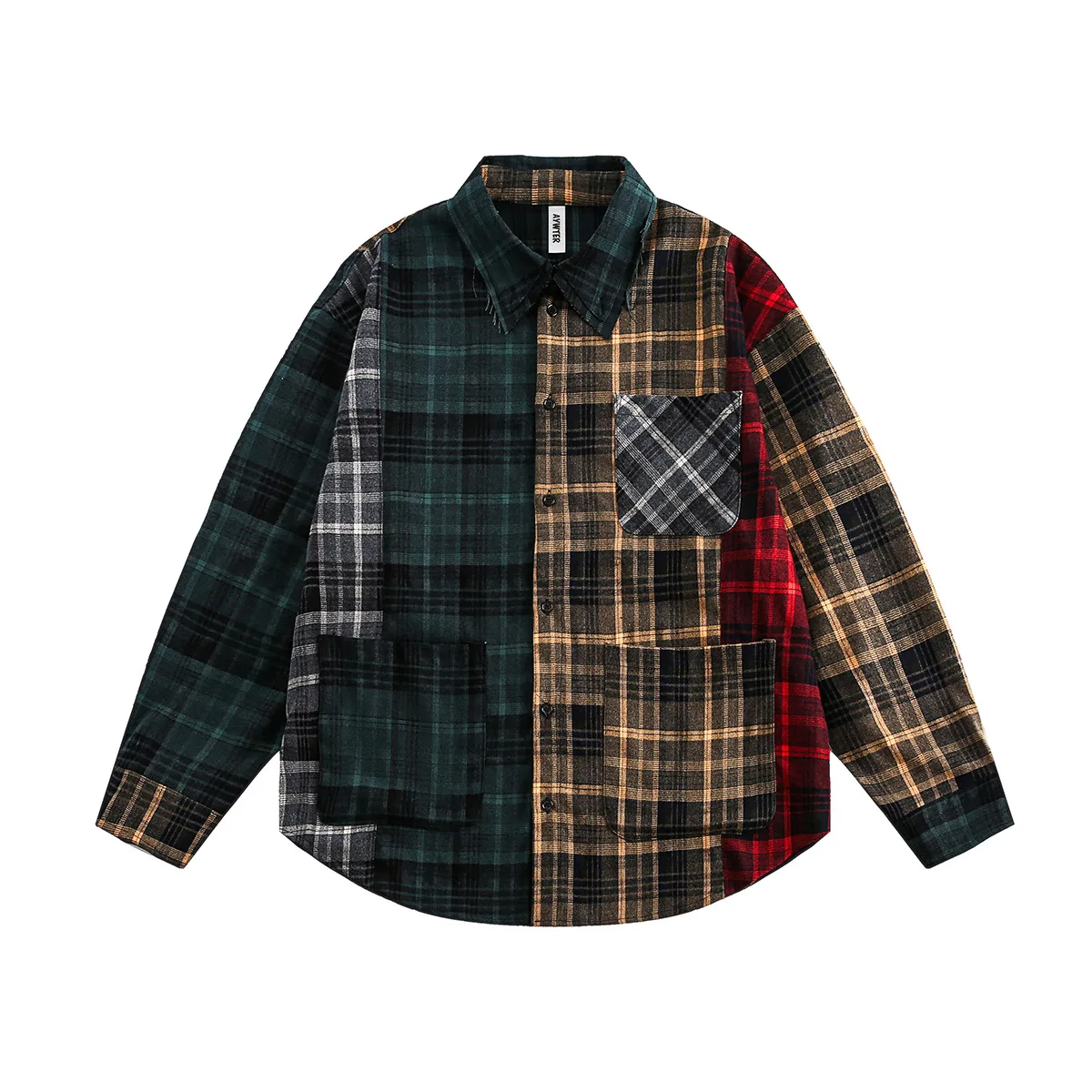 Akkad Kuti  Patchwork Plaid Shirt 2025 Men Streetwear Hip Hop Oversized Shirt Long Sleeve Retro Checkered Flannel Shirt Loose