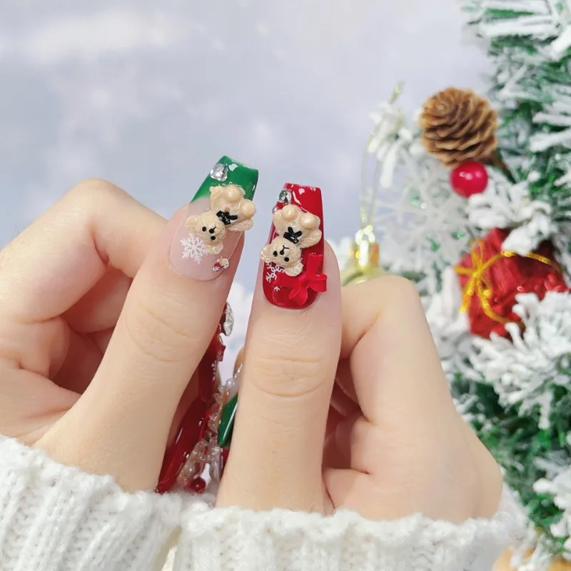 Handgefertigte künstliche Nägel zum Aufdrücken von Nägeln aus Acryl mit Charms für Mädchen, Weihnachten, Neujahr, Cartoon, niedlich, 3D, wiederverwendbar, mit Box und Werkzeug – Detail 4