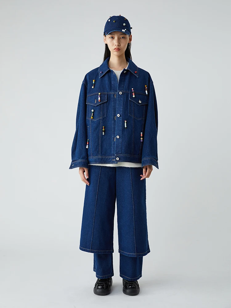 

Zhaoxiaotong f Made Eco-friendly Porcelain Bead Decorative Denim Jaet Stand Fit Cotton Breathable Women's Coat