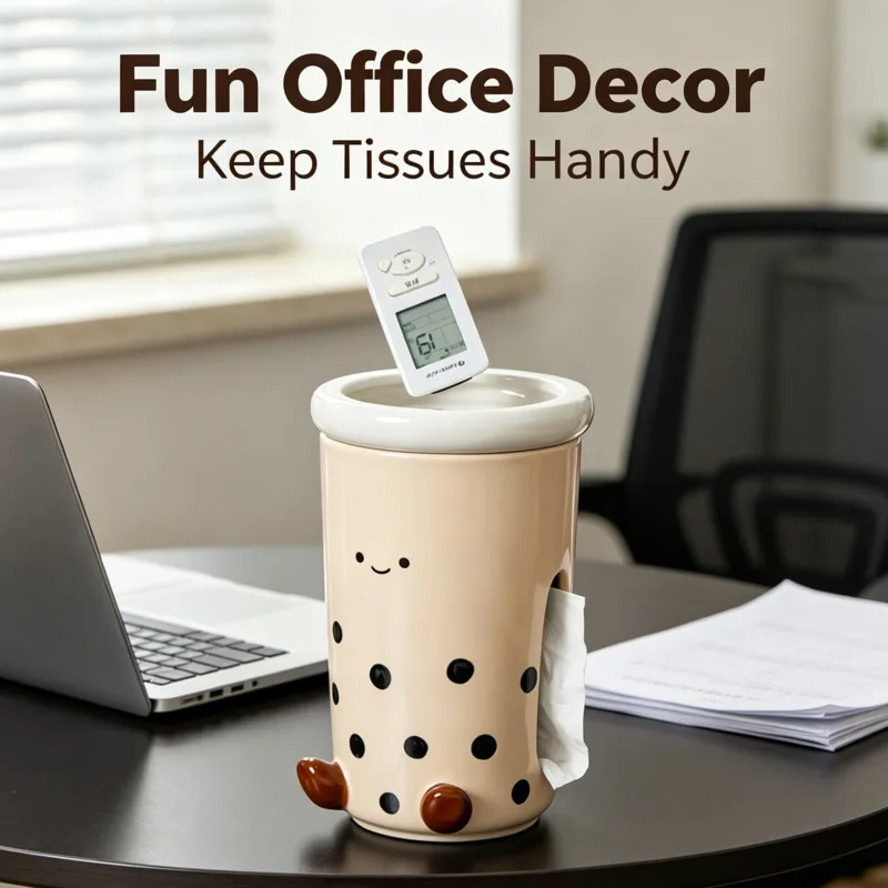 Cute Polka Dot Beige Boba Milk Tea Ceramic Tissue Box 2 In 1 Remote Control Space Saving Storage For Living Room Coffee Table
