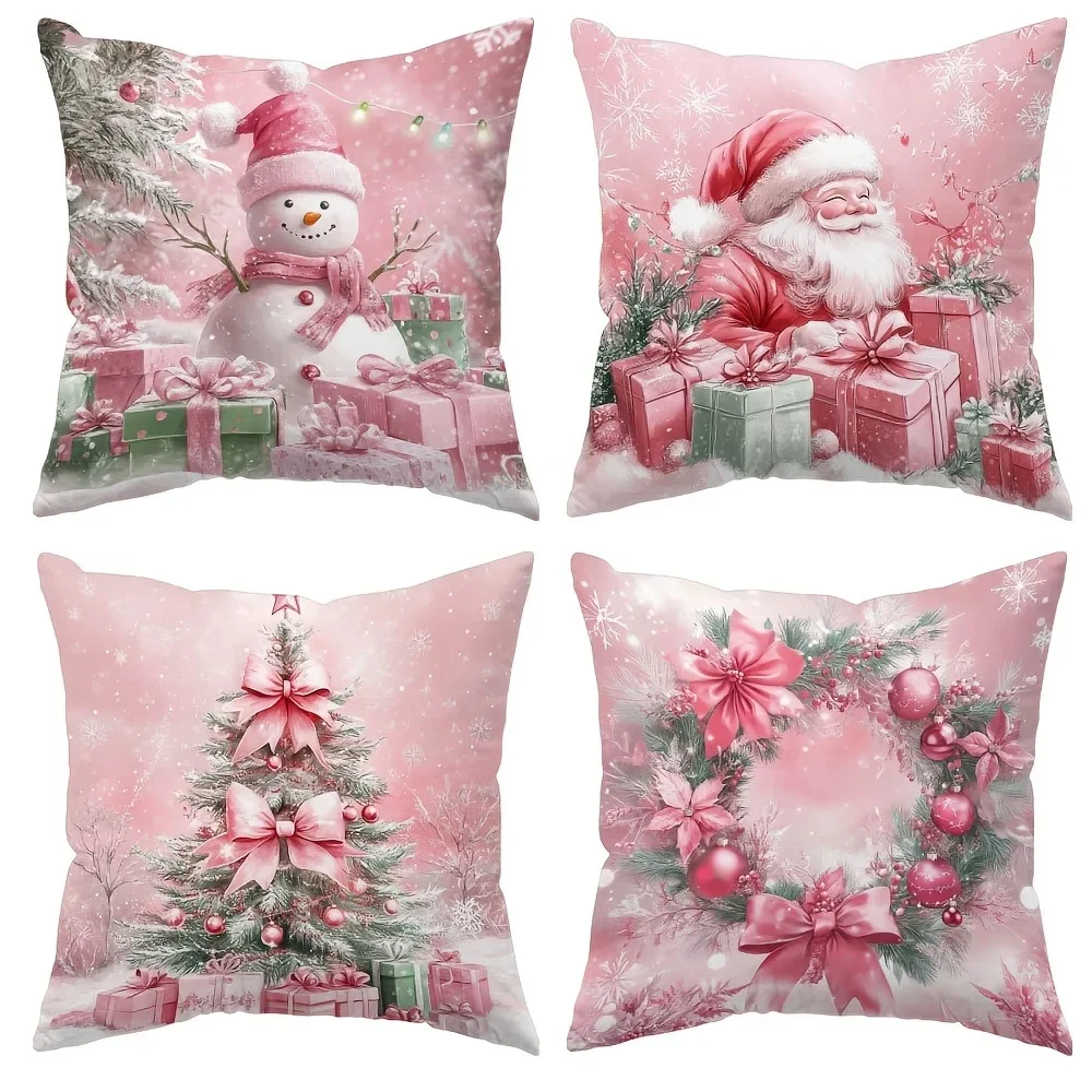 Fundas de almohada navideñas rosas: diseños de muñeco de nieve, Papá Noel, árbol y corona, funda de cojín para sofá